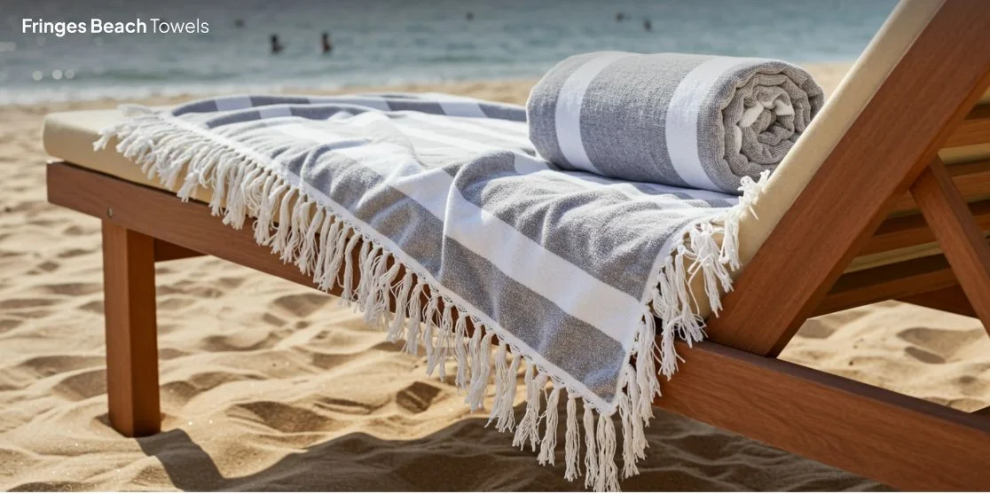 Gray striped beach towel on lounge chair